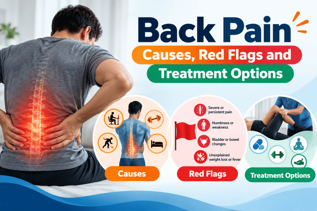 Back pain causes, red flags and treatment options